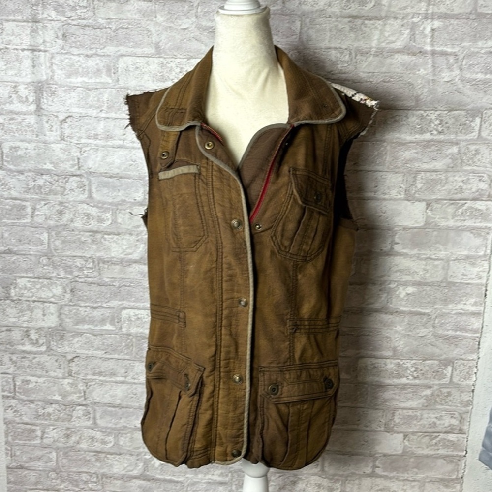 Free People Brown Sleeveless Utility Jacket with Red Zip Detail - Picture 3 of 7